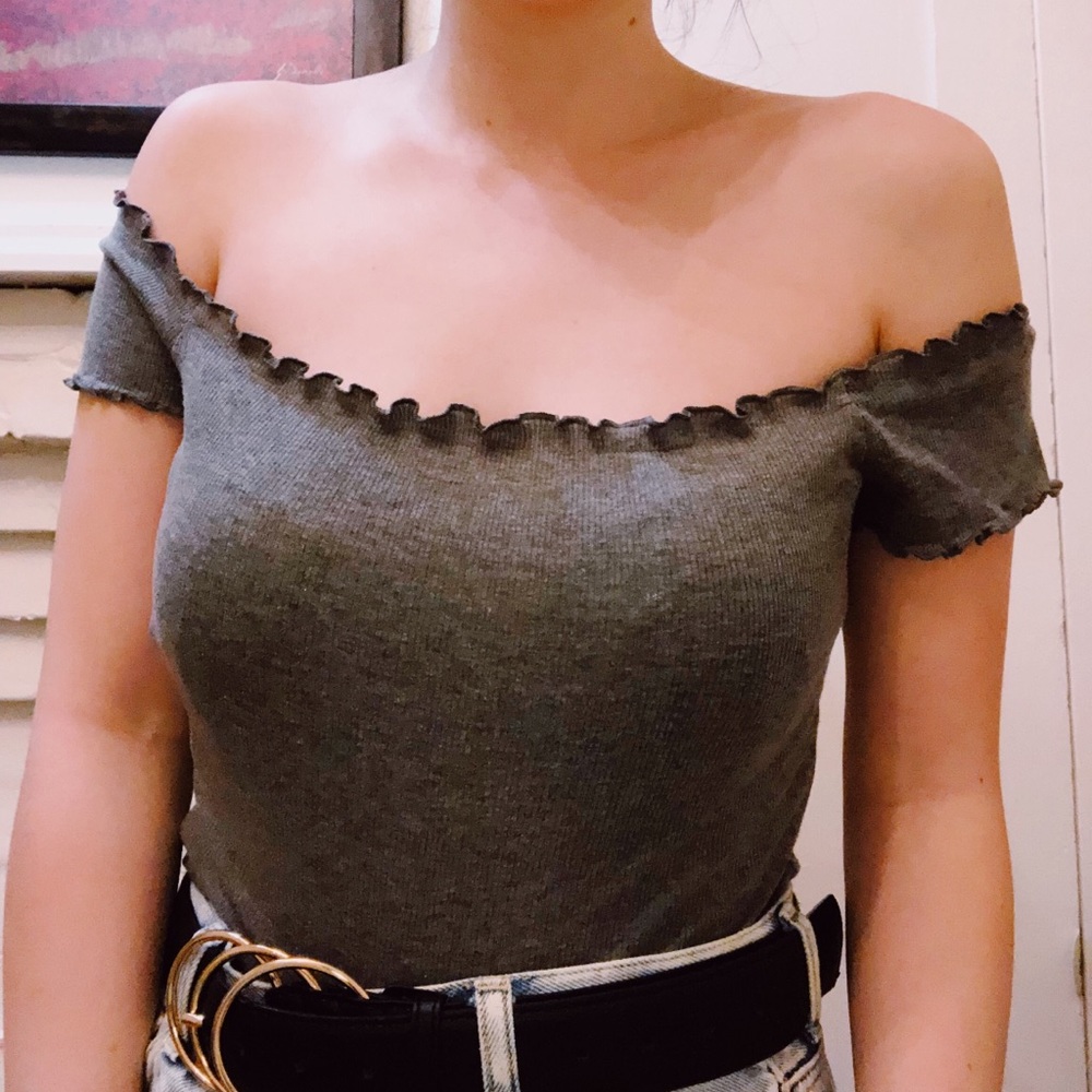 Hollister Gray Lettuce Hem Off the Shoulder Top